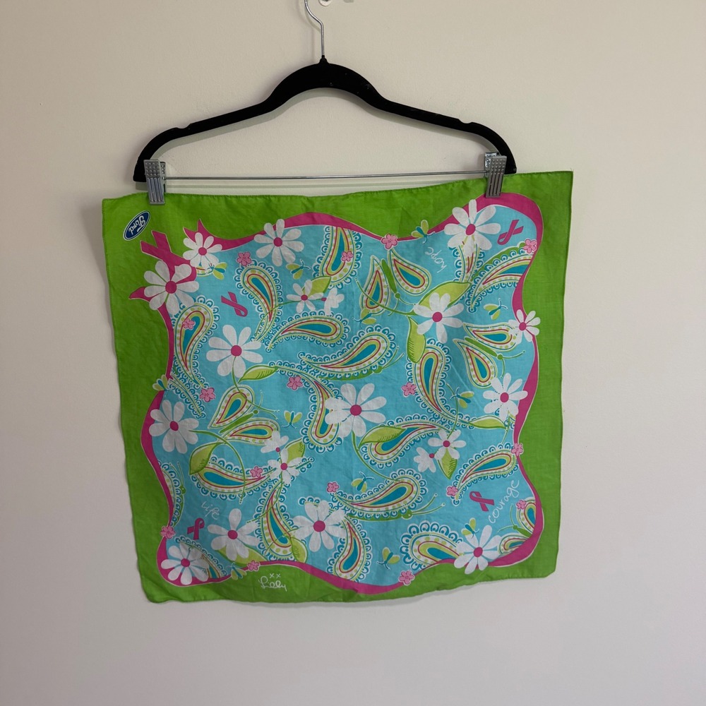 Lilly Pulitzer Ford Warriors in Pink Paisley Floral Square Scarf Green Blue